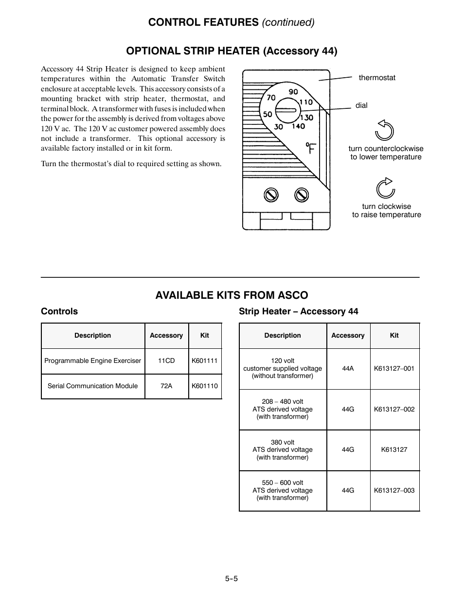 Control features (continued), Optional strip heater (accessory 44), Available kits from asco | Controls, Strip heater – accessory 44 | TRENDnet Series 300 User Manual | Page 17 / 18