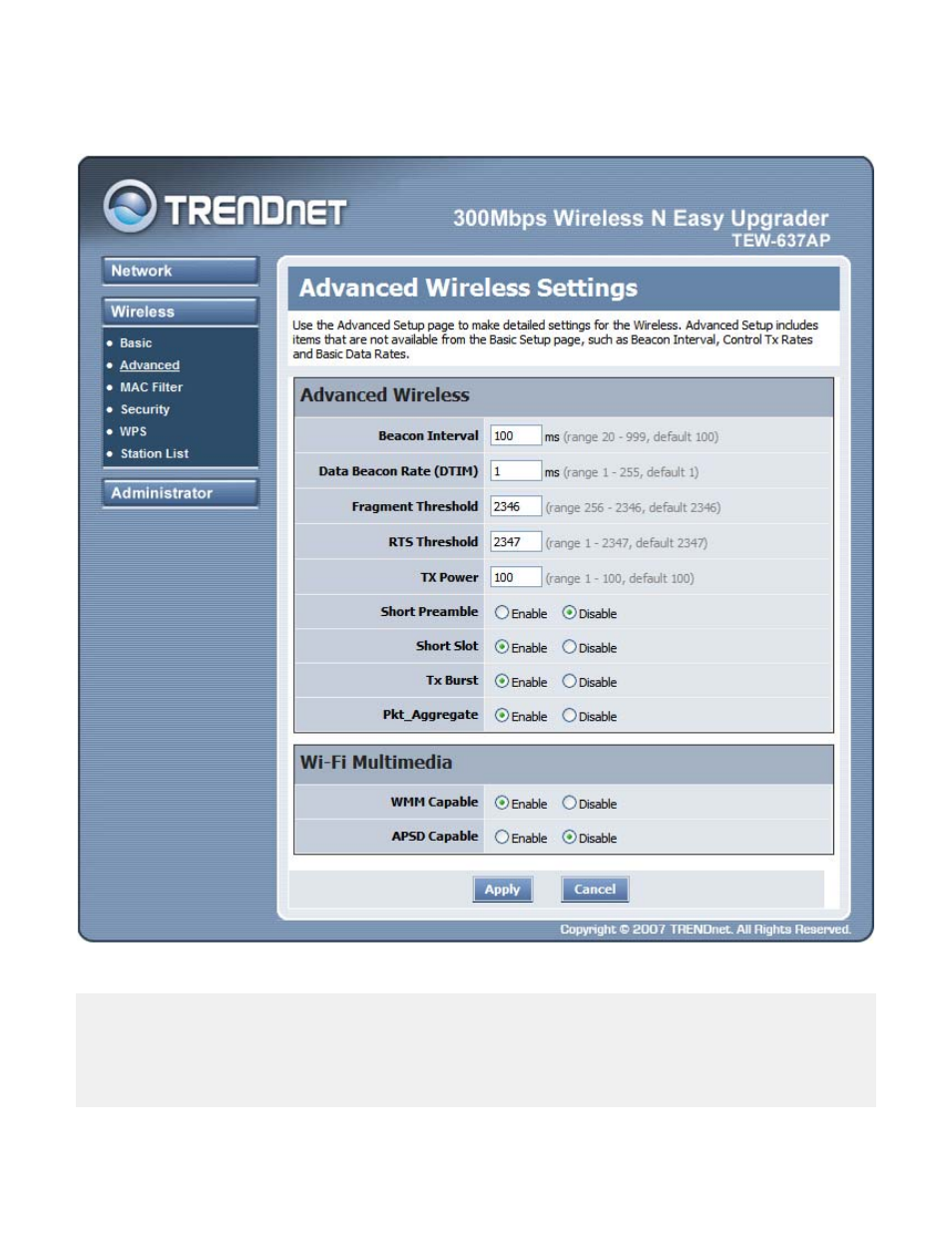 Wireless advanced | TRENDnet QUICK INSTALLATION GUIDE TEW-637AP User Manual | Page 23 / 49