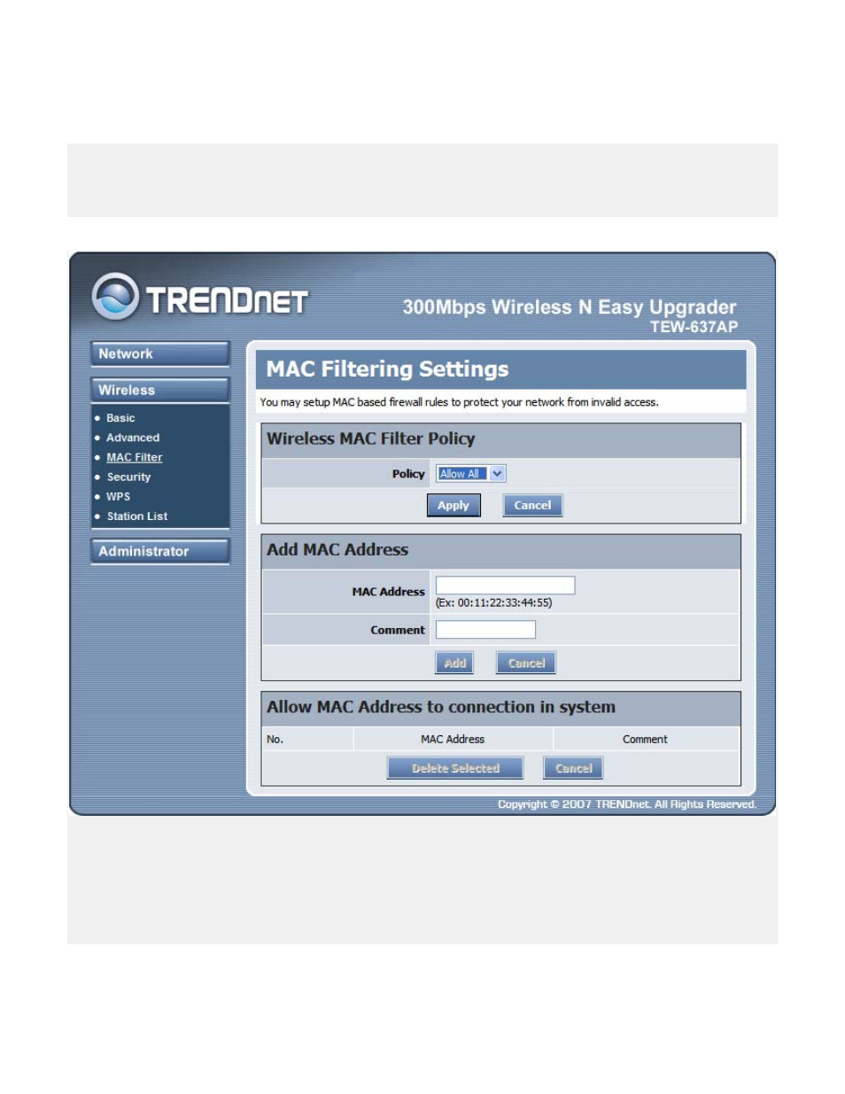 Wireless mac filter | TRENDnet QUICK INSTALLATION GUIDE TEW-637AP User Manual | Page 25 / 49