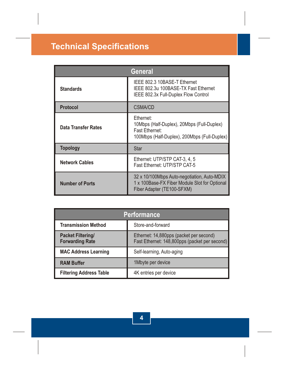 Technical specifications, General, Performance | TRENDnet TE100-S32 User Manual | Page 6 / 12