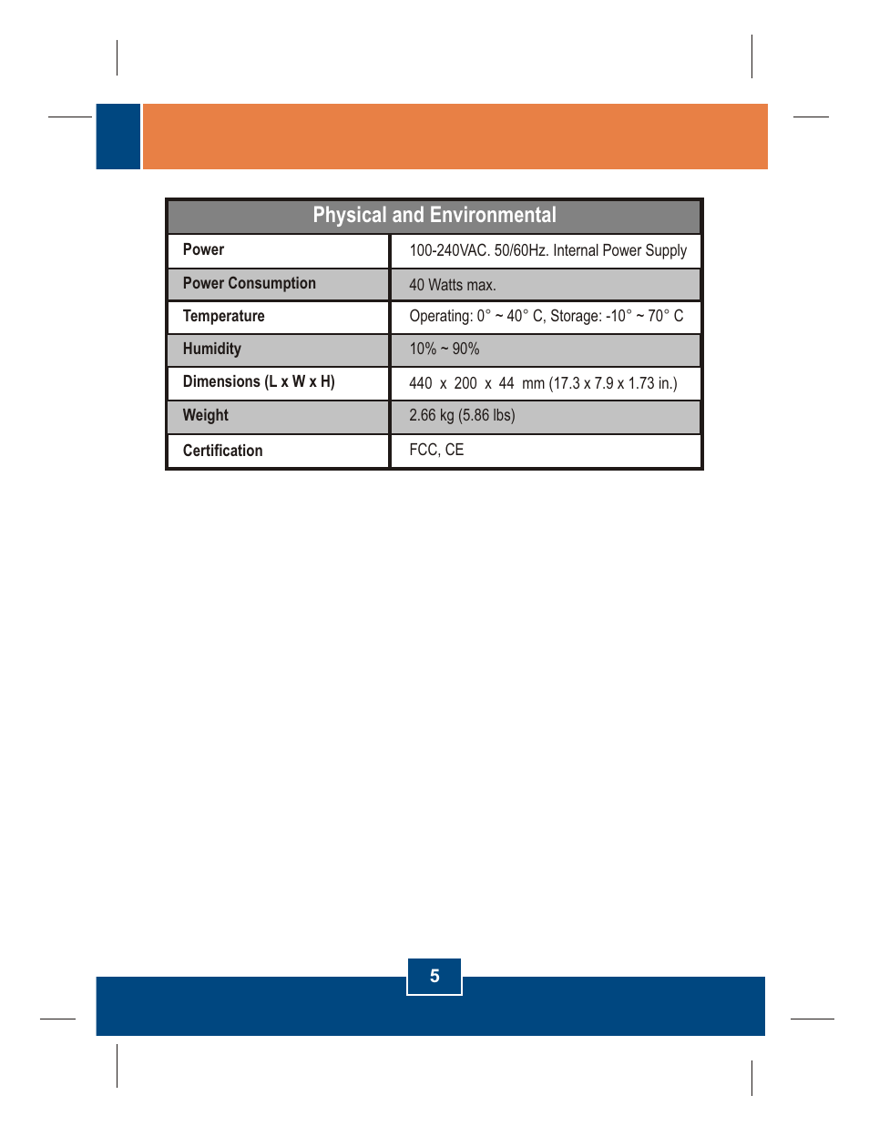 Physical and environmental | TRENDnet TE100-S32 User Manual | Page 7 / 12