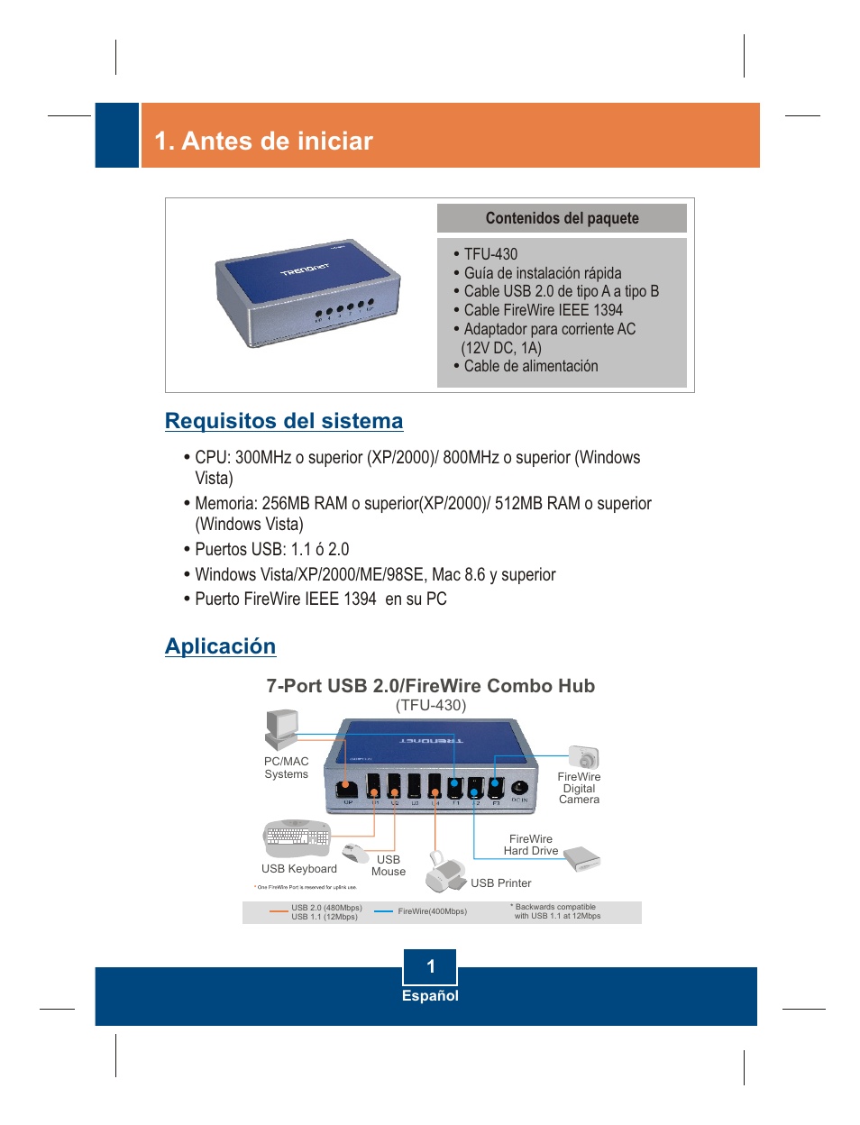 Antes de iniciar, Aplicación requisitos del sistema, Port usb 2.0/firewire combo hub | TRENDnet TFU-430 User Manual | Page 3 / 10