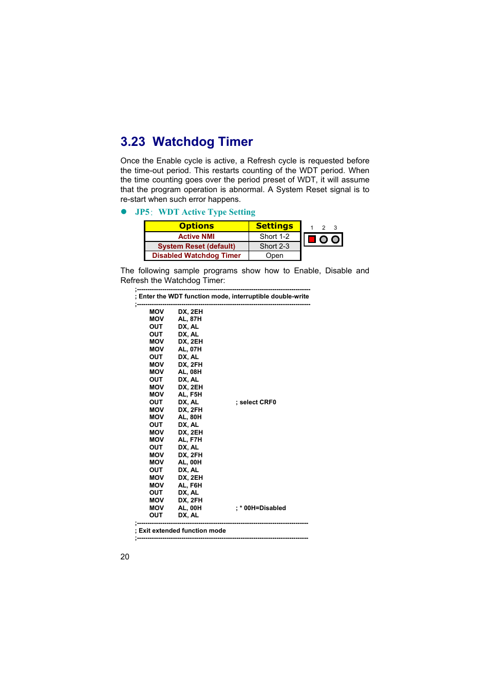 23 watchdog timer, Jp5 : wdt active type setting | TRENDnet Industrial Single Board Computer HS-6038 User Manual | Page 26 / 86