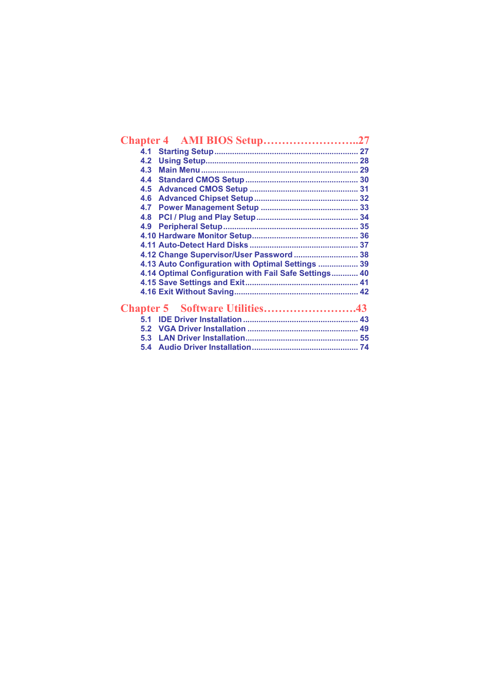 Chapter 4 ami bios setup, Chapter 5 software utilities…………………….43 | TRENDnet Industrial Single Board Computer HS-6038 User Manual | Page 4 / 86