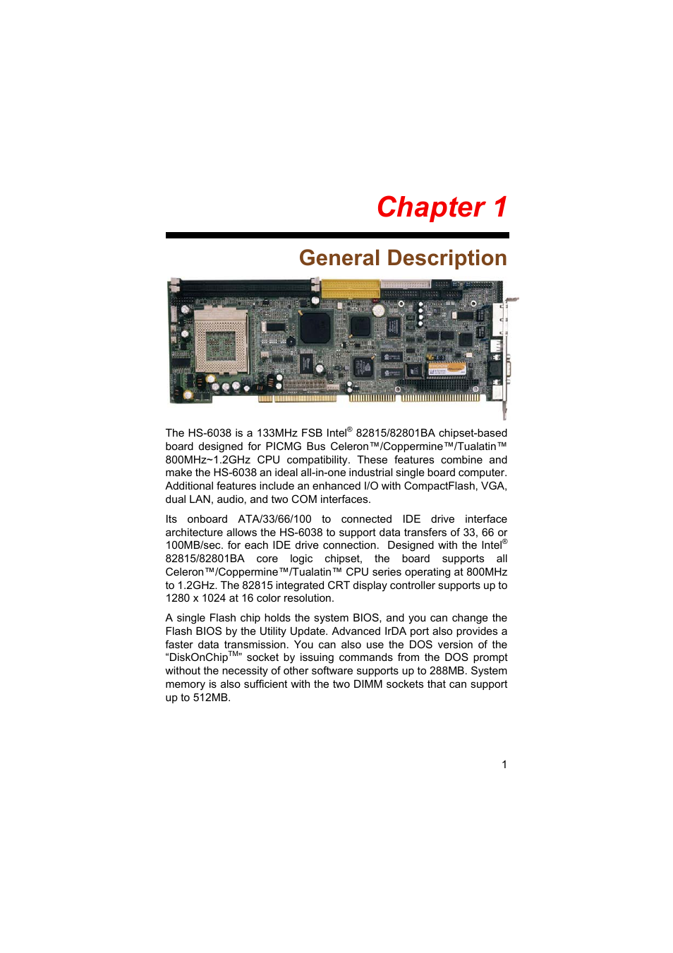 Chapter 1, General description | TRENDnet Industrial Single Board Computer HS-6038 User Manual | Page 7 / 86