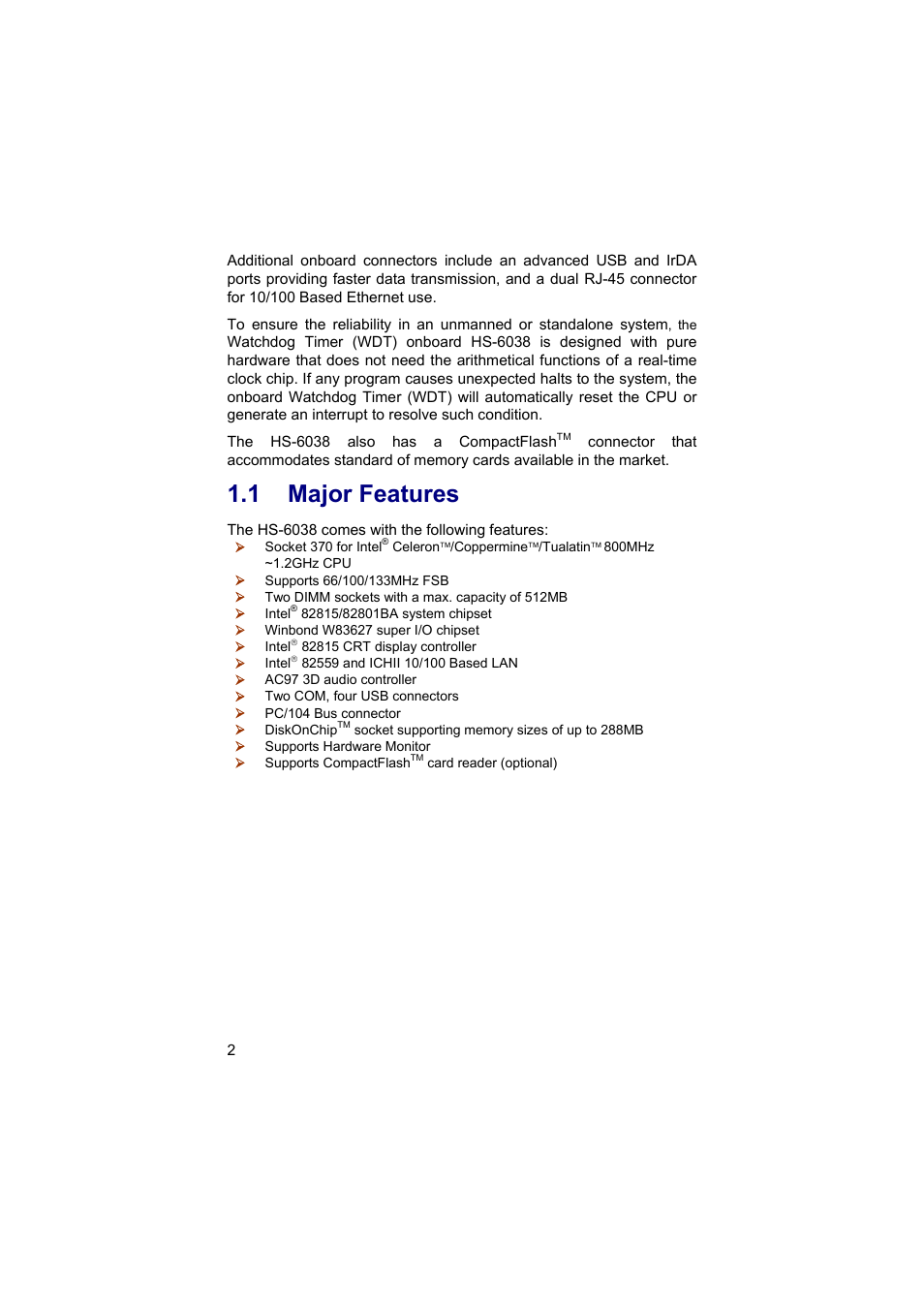 1 major features | TRENDnet Industrial Single Board Computer HS-6038 User Manual | Page 8 / 86