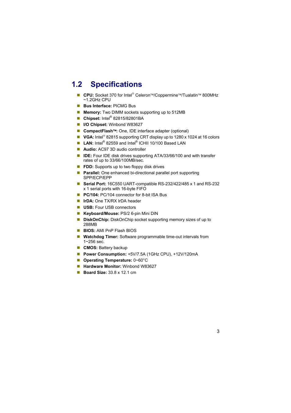 2 specifications | TRENDnet Industrial Single Board Computer HS-6038 User Manual | Page 9 / 86