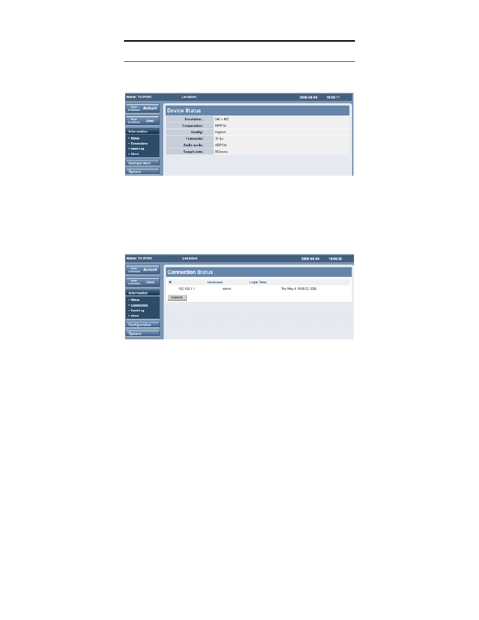 Information, Status, Connections | TRENDnet TV-IP301W User Manual | Page 24 / 119