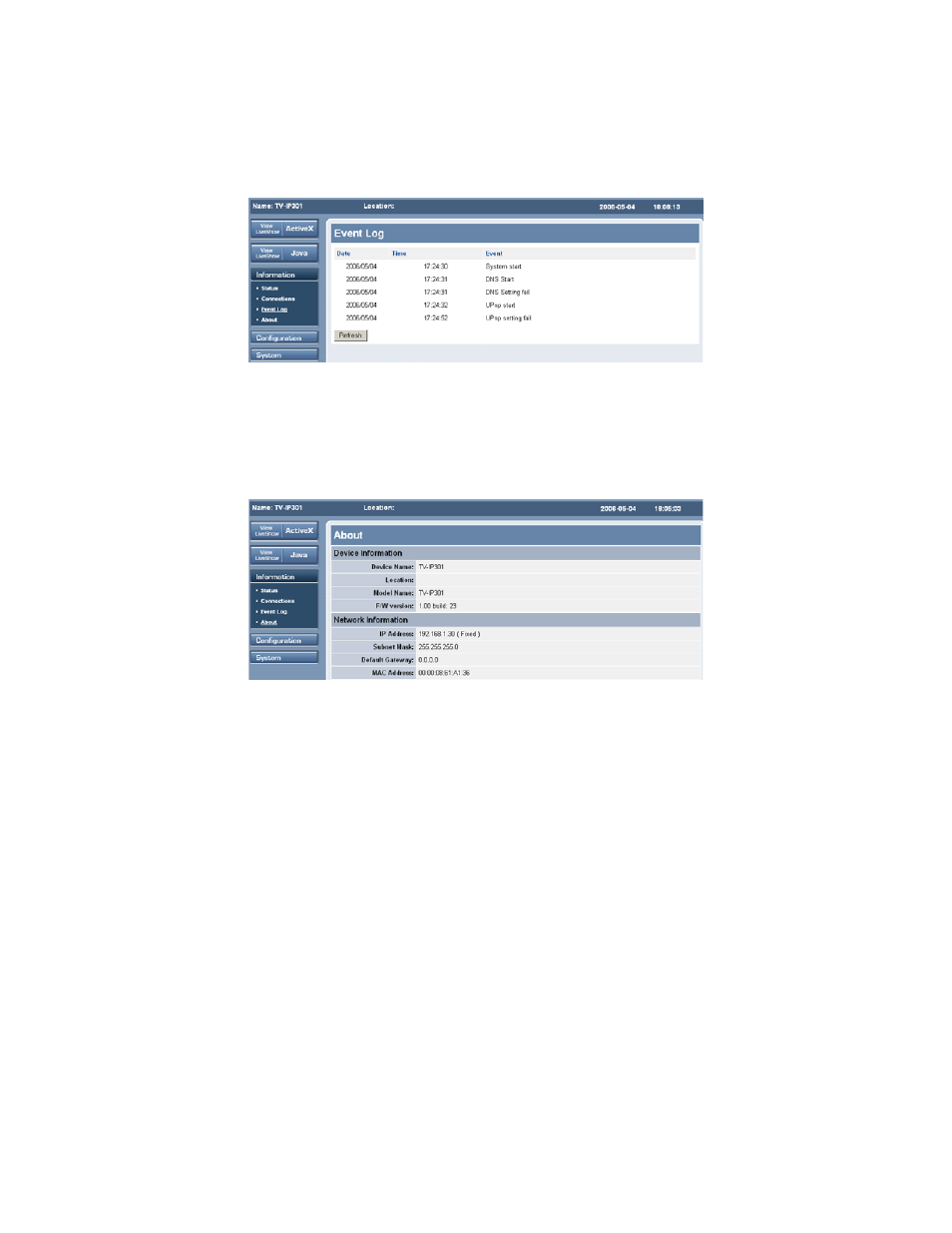 Event log, About | TRENDnet TV-IP301W User Manual | Page 25 / 119