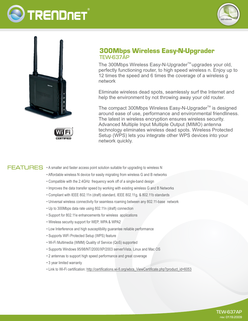 TRENDnet 300Mbps Wireless Easy-N-Upgrader TEW-637AP User Manual | 2 pages