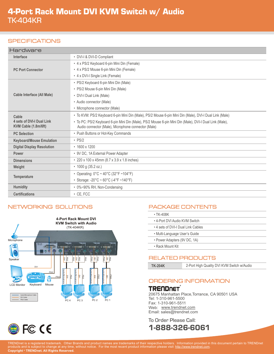 Port rack mount dvi kvm switch w/ audio, Tk-404kr, Hardware | Related products package contents, Ordering information to order please call, Networking solutions specifications | TRENDnet TK-404KR User Manual | Page 2 / 2