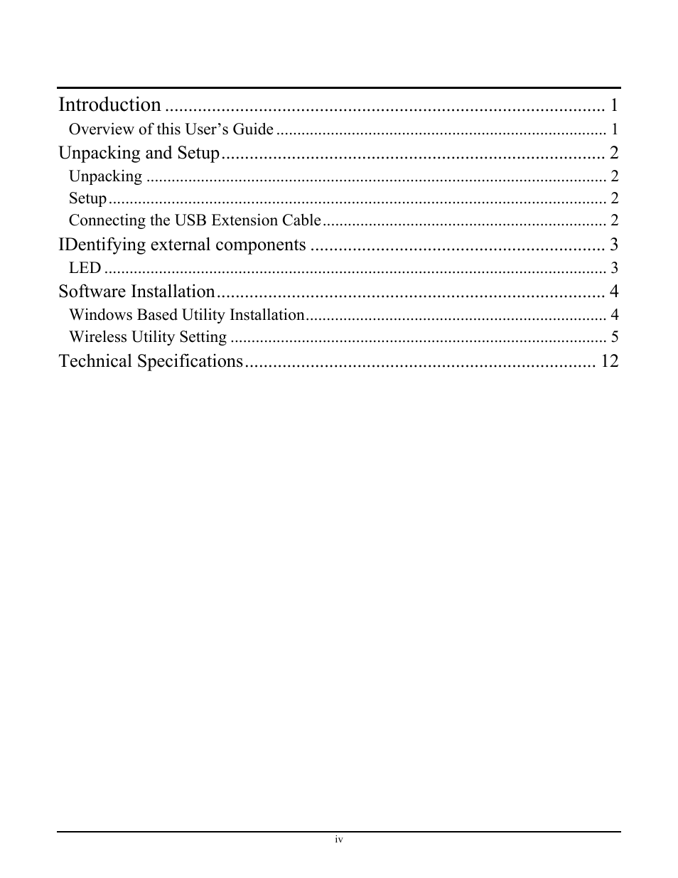 Table of content, Introduction, Unpacking and setup | Identifying external components, Software installation, Technical specifications | TRENDnet TEW-624UB User Manual | Page 5 / 19
