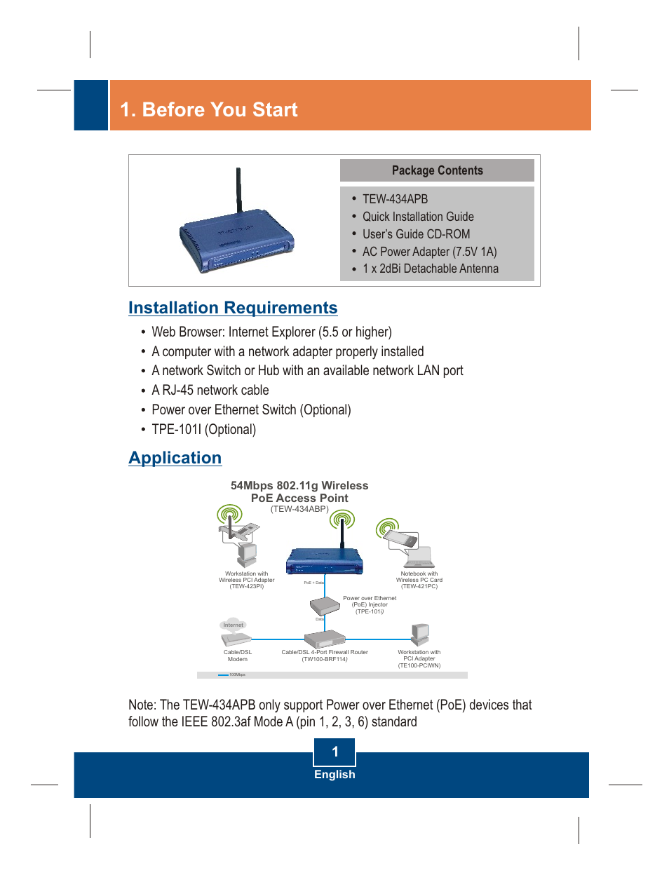 Before you start, Installation requirements application, Package contents | English | TRENDnet TEW-434APB User Manual | Page 3 / 13