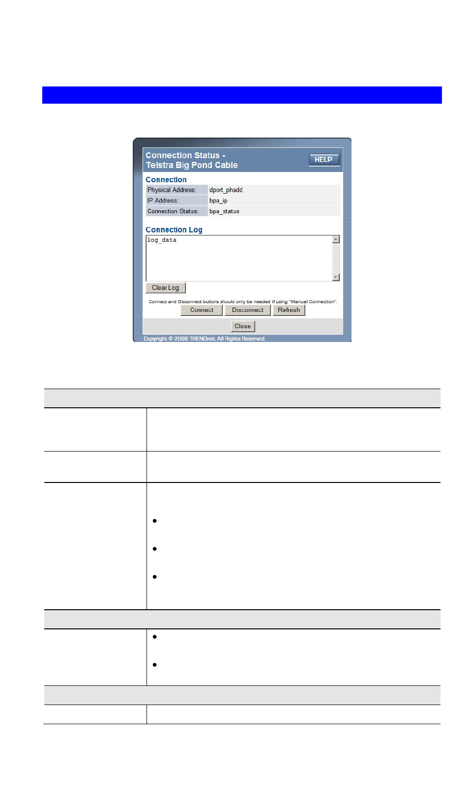 Connection status - telstra big pond, Data - telstra big pond screen | TRENDnet TW100 BRF114 User Manual | Page 42 / 83