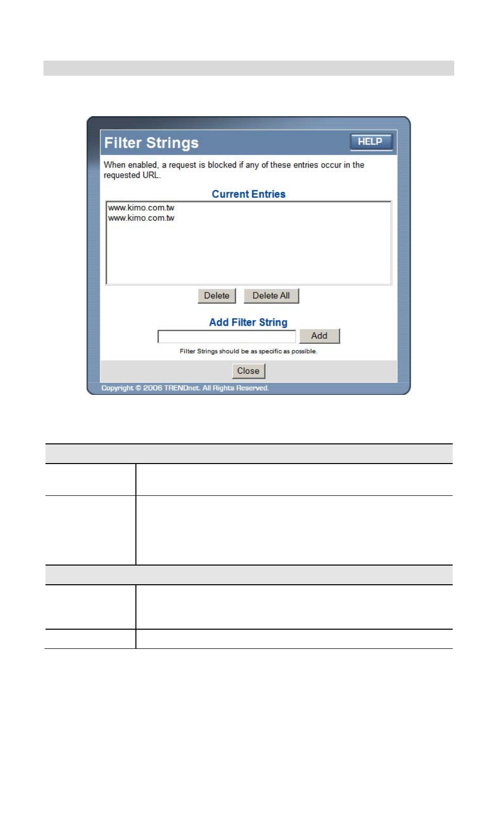 Url filter screen, Data - url filter screen | TRENDnet TW100 BRF114 User Manual | Page 50 / 83
