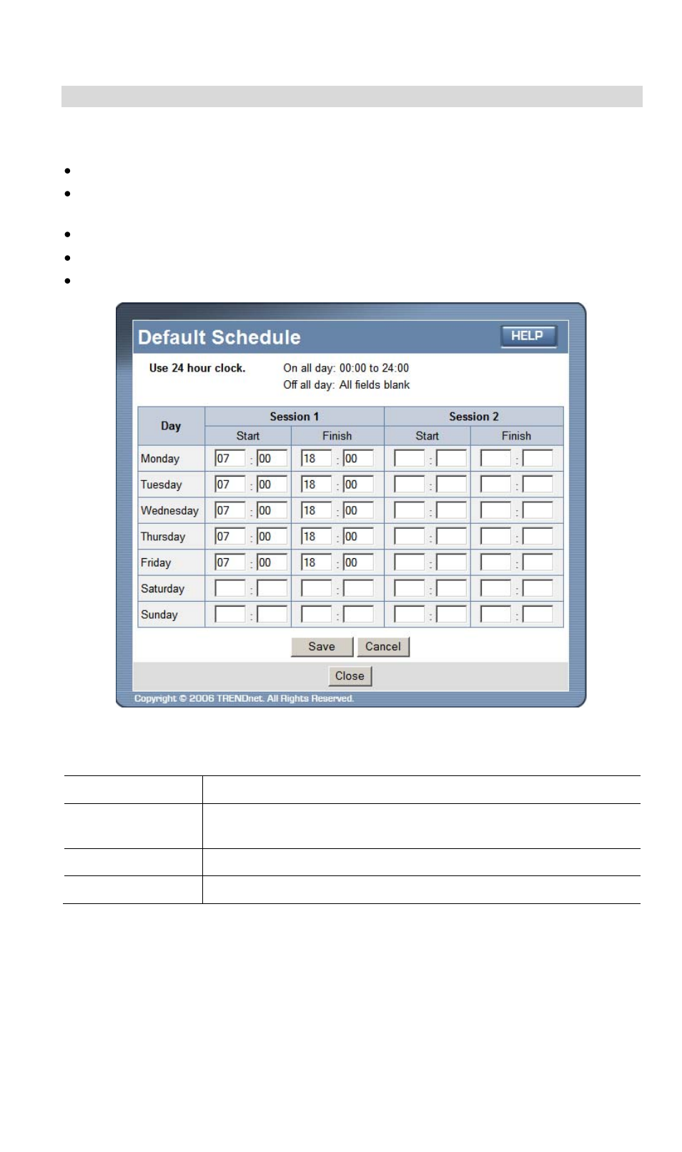Default schedule screen, Data - default schedule screen | TRENDnet TW100 BRF114 User Manual | Page 62 / 83