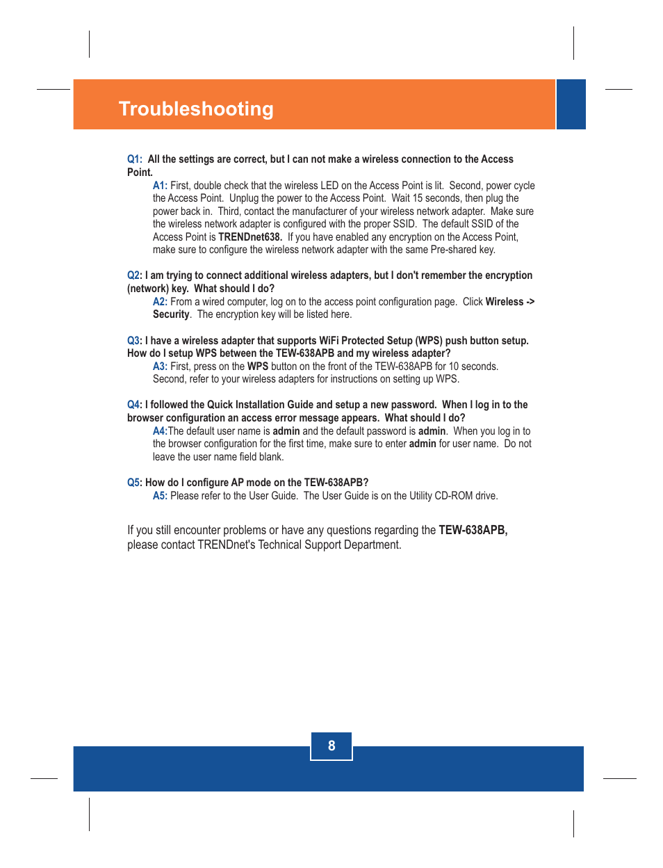Troubleshooting | TRENDnet TEW-638APB User Manual | Page 10 / 12