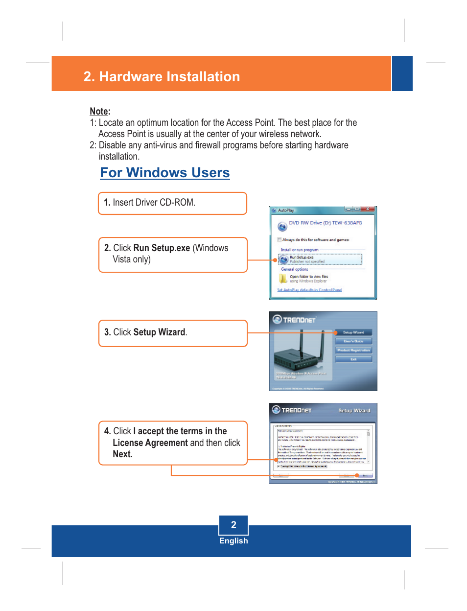 Hardware installation, For windows users | TRENDnet TEW-638APB User Manual | Page 4 / 12