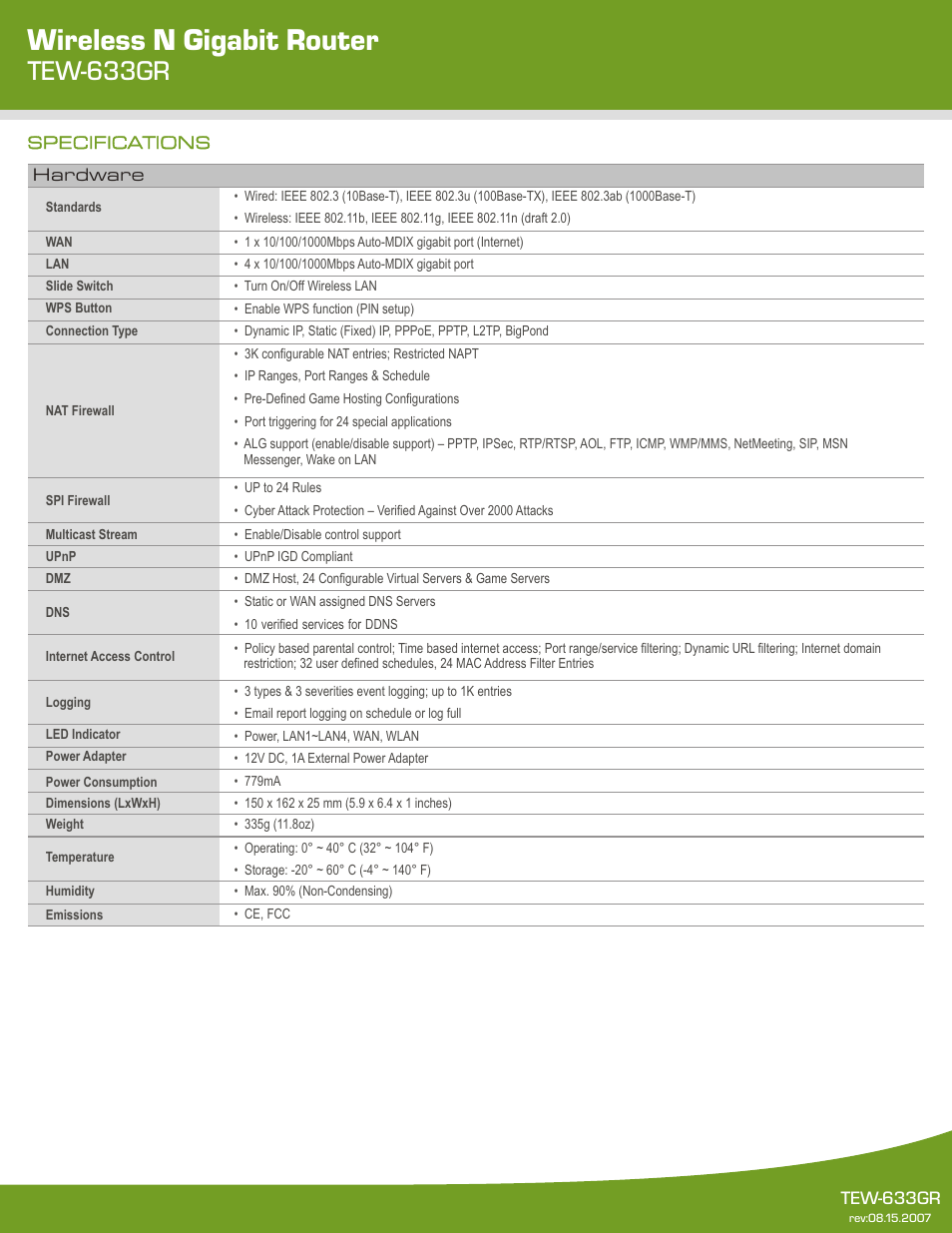 Wireless n gigabit router, Tew-633gr | TRENDnet TEW-633GR User Manual | Page 2 / 3