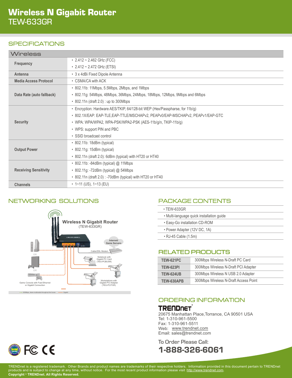 Wireless n gigabit router, Tew-633gr, Related products package contents | Ordering information to order please call, Networking solutions specifications wireless, Related products | TRENDnet TEW-633GR User Manual | Page 3 / 3