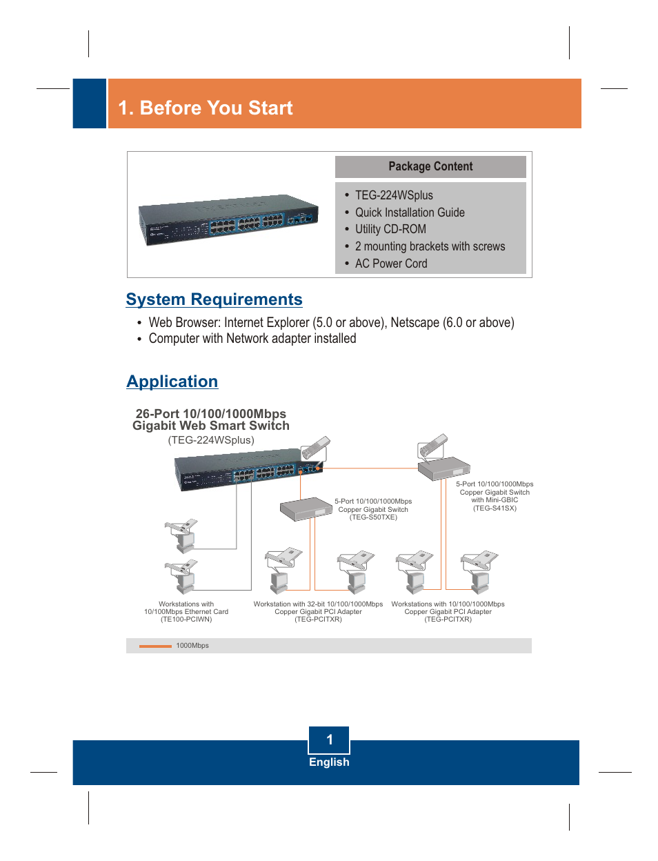 Before you start, System requirements application, Package content | TRENDnet TEG-224WS User Manual | Page 3 / 9