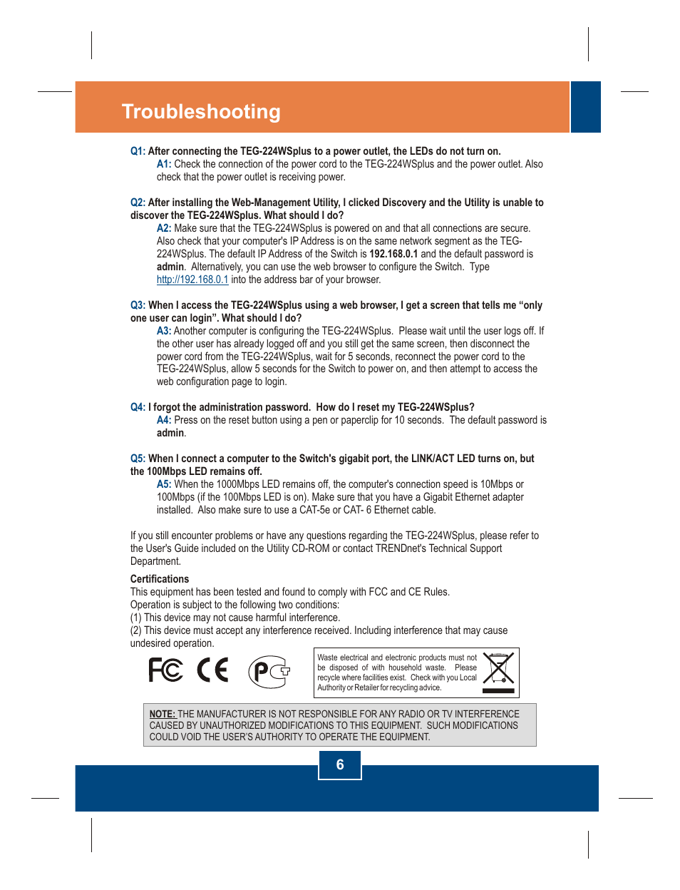 Troubleshooting | TRENDnet TEG-224WS User Manual | Page 8 / 9