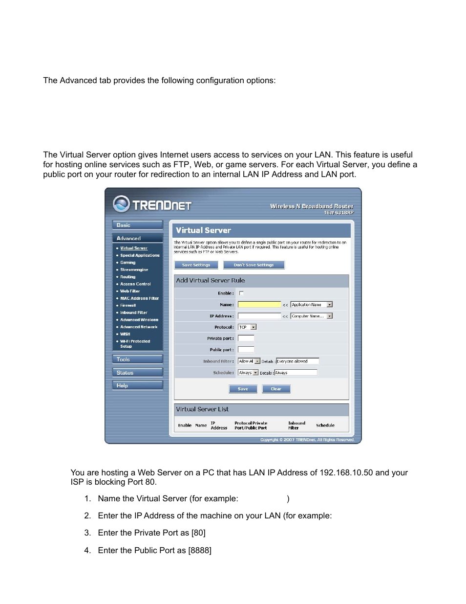Advanced, Advanced_virtual server | TRENDnet TEW-631BRP User Manual | Page 25 / 97