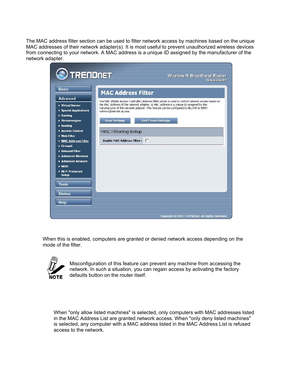 Advanced_mac address filter | TRENDnet TEW-631BRP User Manual | Page 39 / 97
