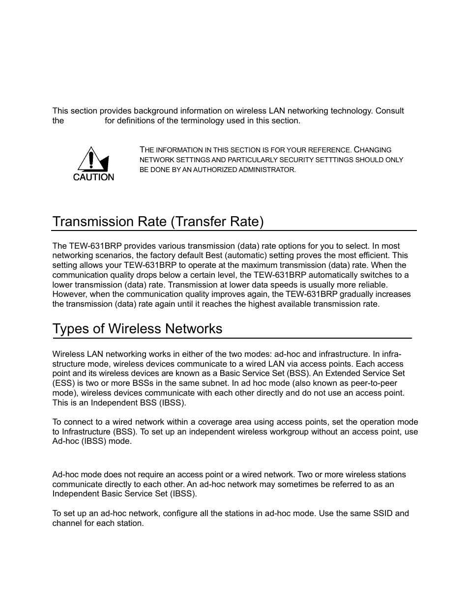 Wireless lan networking, Transmission rate (transfer rate), Types of wireless networks | TRENDnet TEW-631BRP User Manual | Page 6 / 97