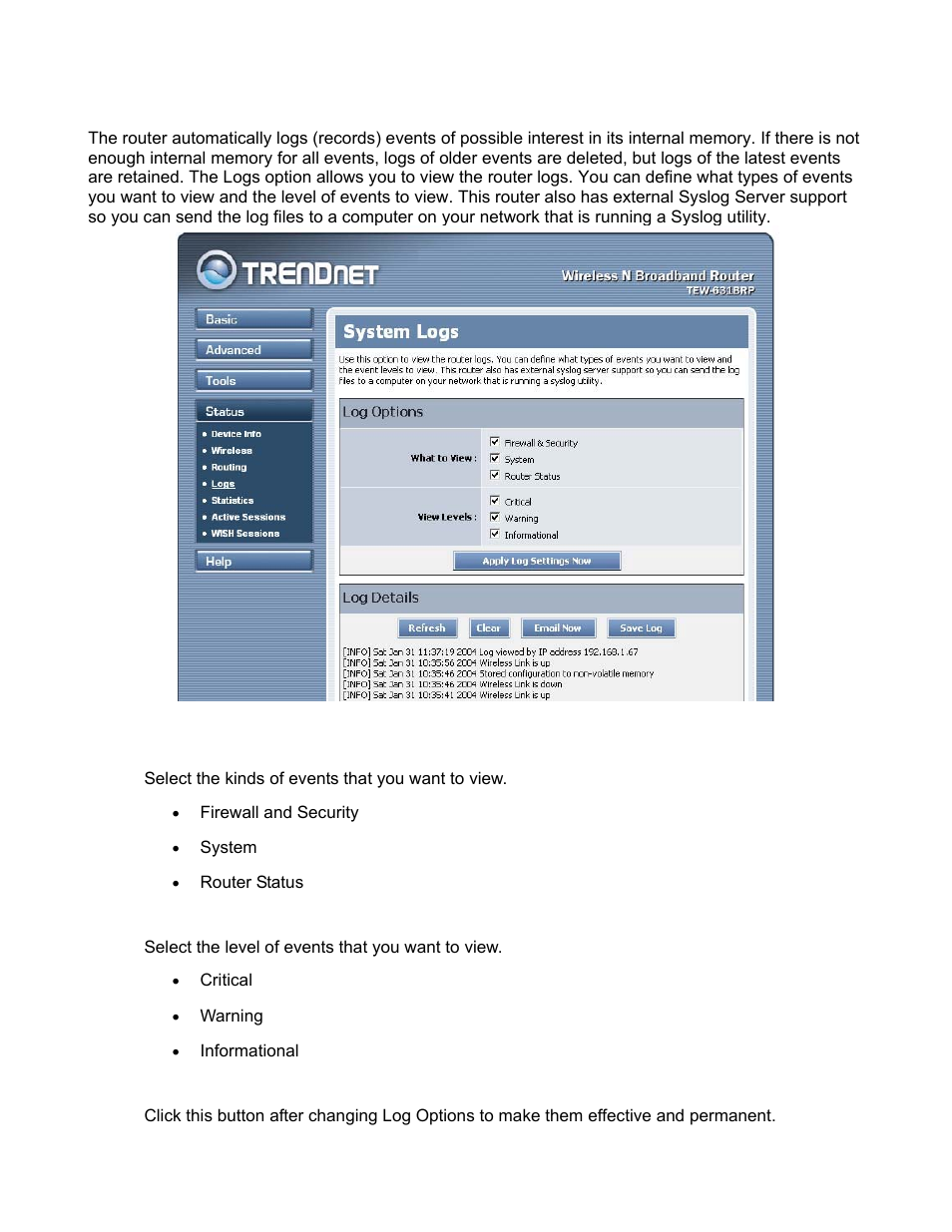 Status_logs | TRENDnet TEW-631BRP User Manual | Page 74 / 97