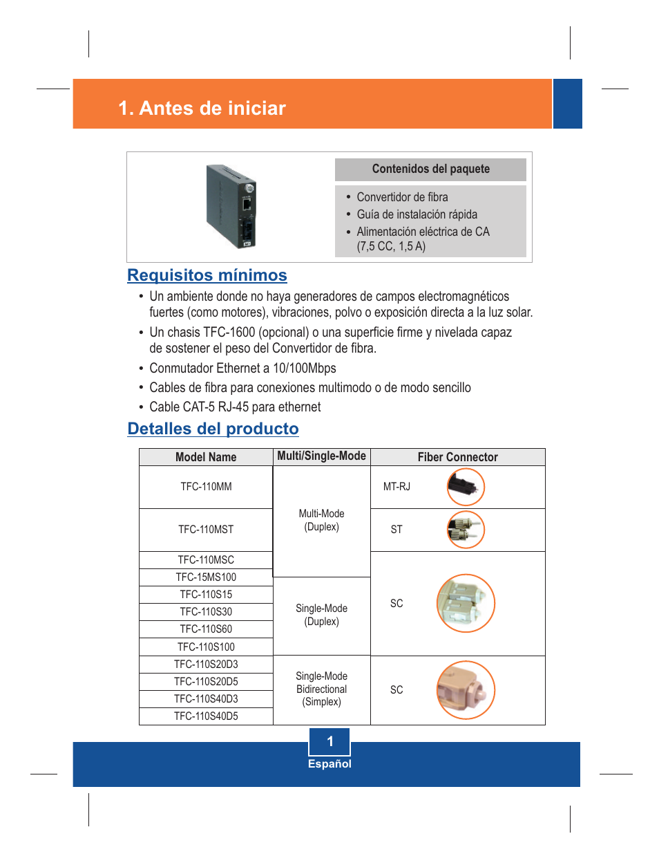 Antes de iniciar, Requisitos mínimos, Detalles del producto | TRENDnet 100Base-FX User Manual | Page 3 / 12
