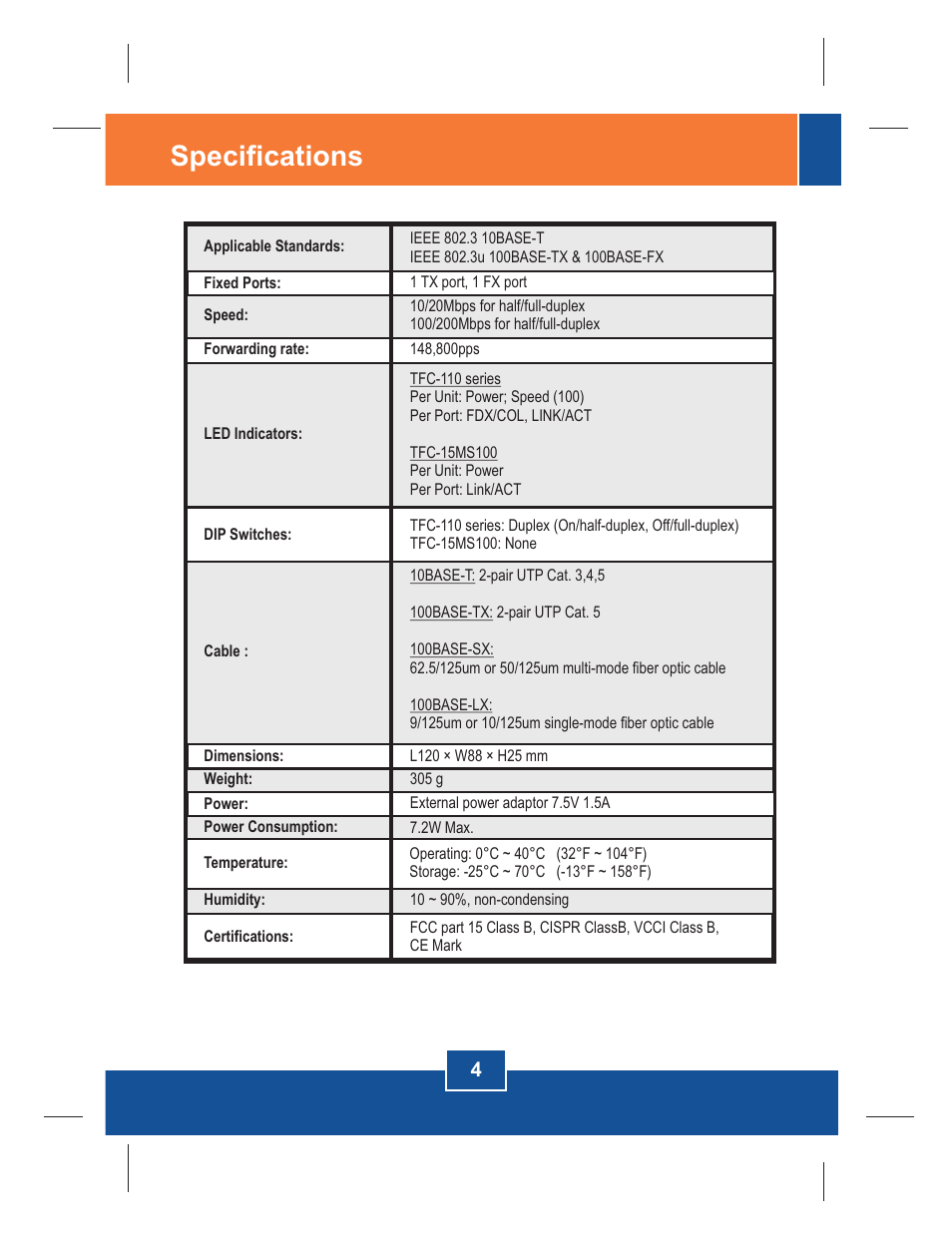 Specifications | TRENDnet 100Base-FX User Manual | Page 6 / 12
