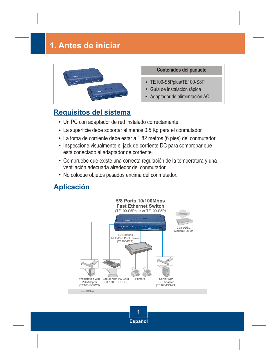 Antes de iniciar, Aplicación requisitos del sistema | TRENDnet TE100 S5Pplus User Manual | Page 3 / 11