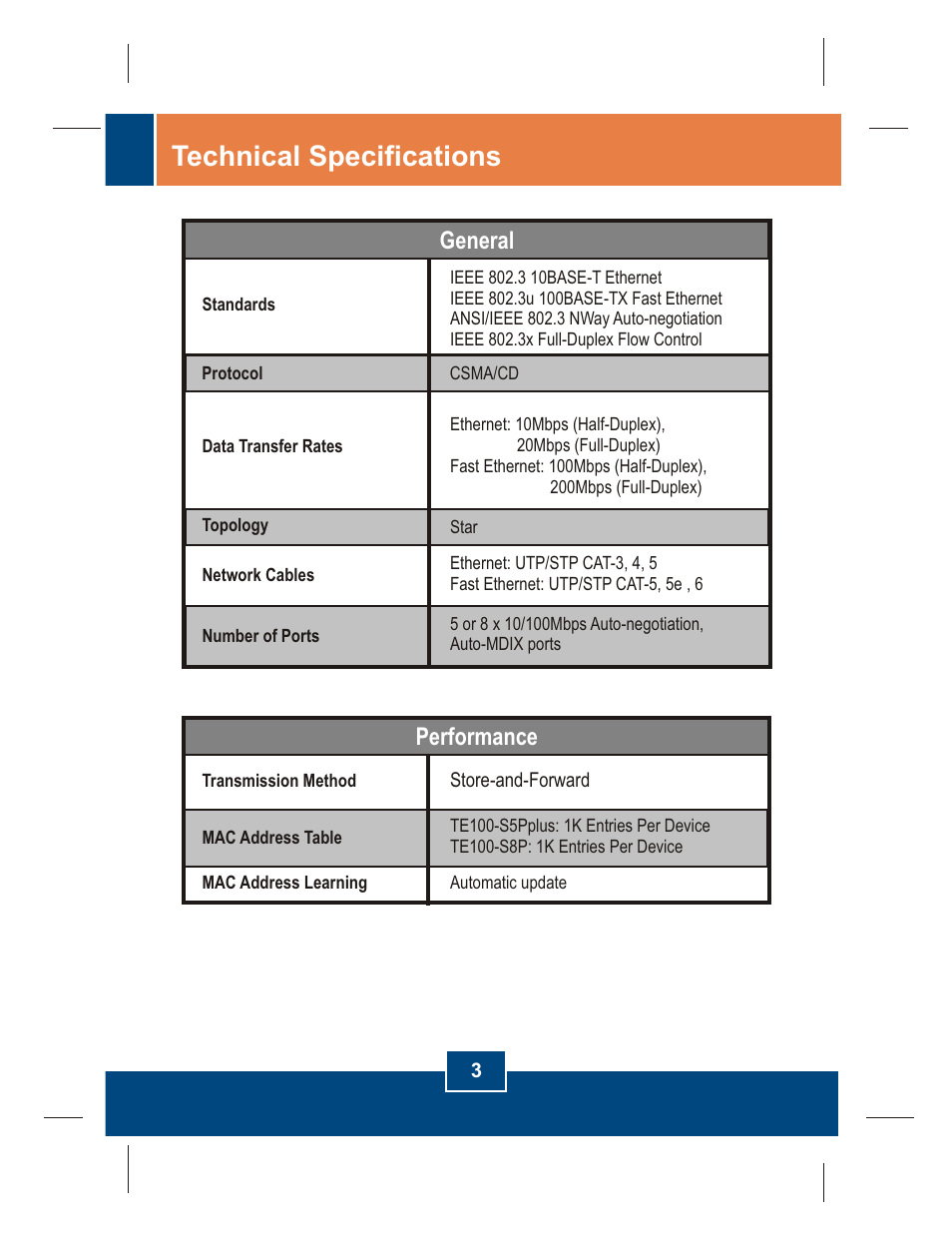 Technical specifications, General, Performance | TRENDnet TE100 S5Pplus User Manual | Page 5 / 11