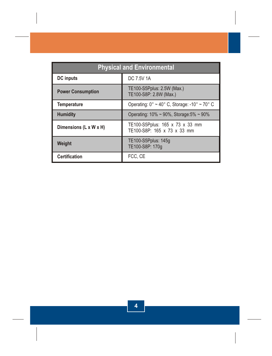Physical and environmental | TRENDnet TE100 S5Pplus User Manual | Page 6 / 11