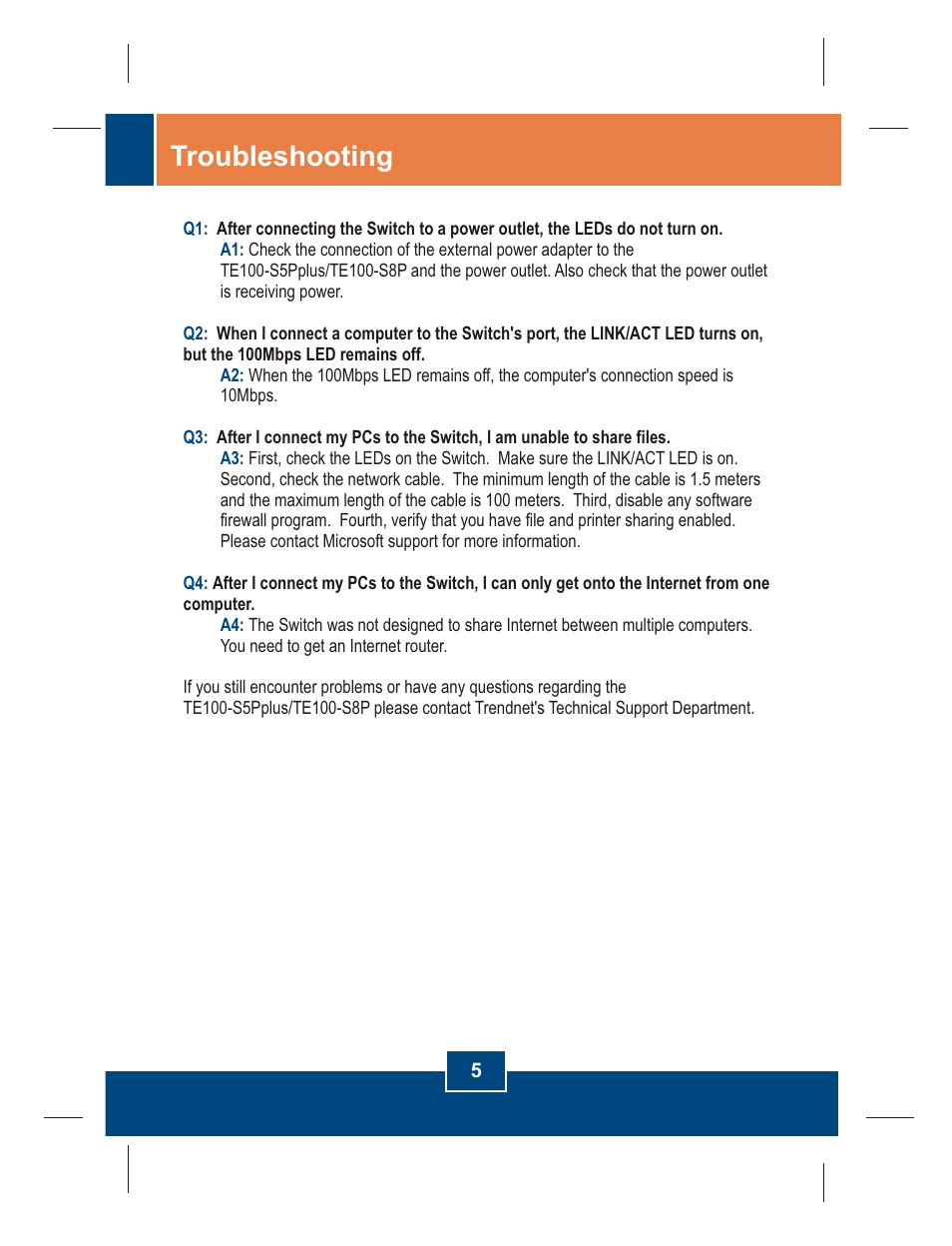 Troubleshooting | TRENDnet TE100 S5Pplus User Manual | Page 7 / 11