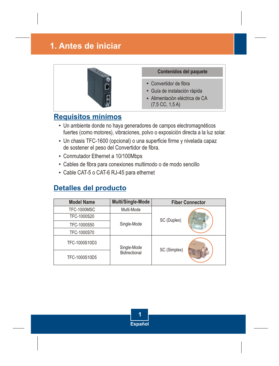 Antes de iniciar, Requisitos mínimos, Detalles del producto | TRENDnet TFC-1000MSC User Manual | Page 3 / 12