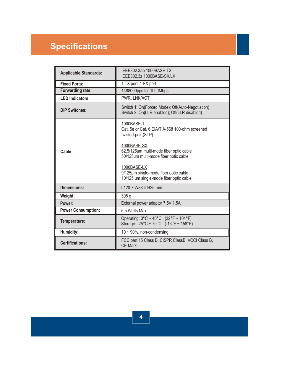 Specifications | TRENDnet TFC-1000MSC User Manual | Page 6 / 12