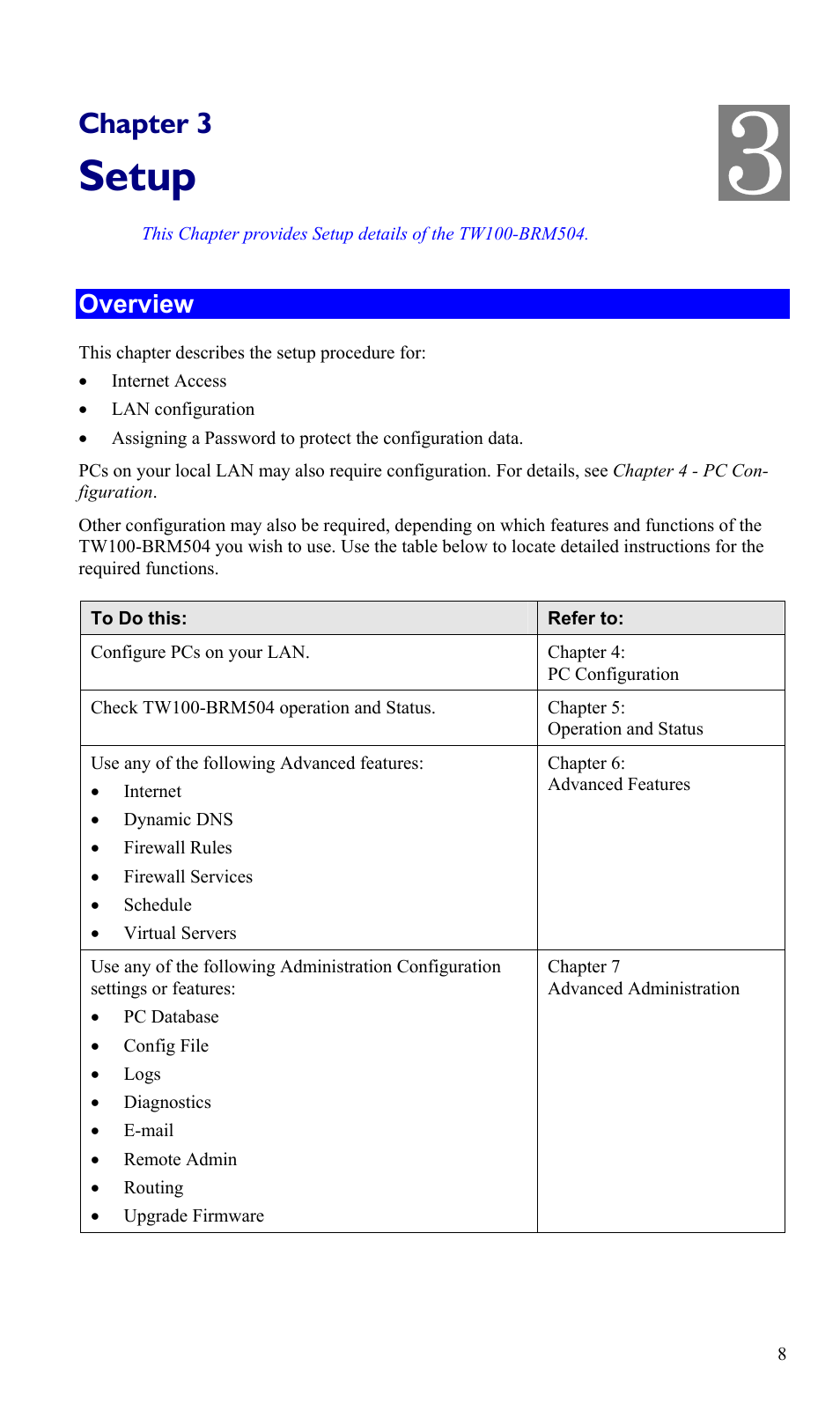 Chapter 3 setup, Overview, Setup | TRENDnet TW100-BRM504 User Manual | Page 11 / 73