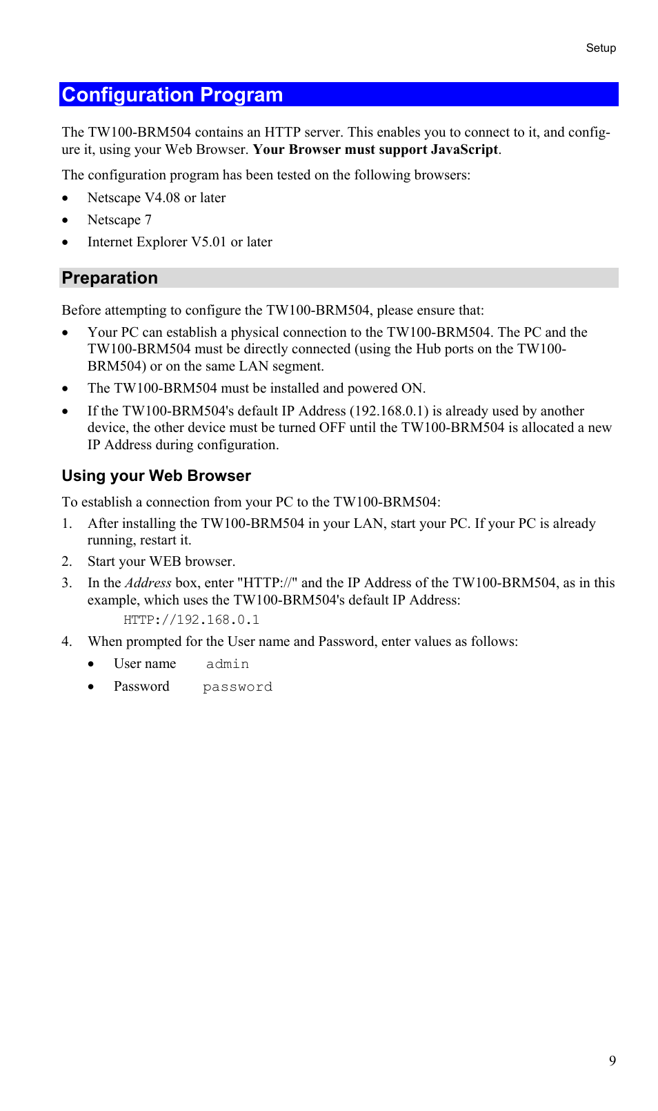 Configuration program, Preparation | TRENDnet TW100-BRM504 User Manual | Page 12 / 73