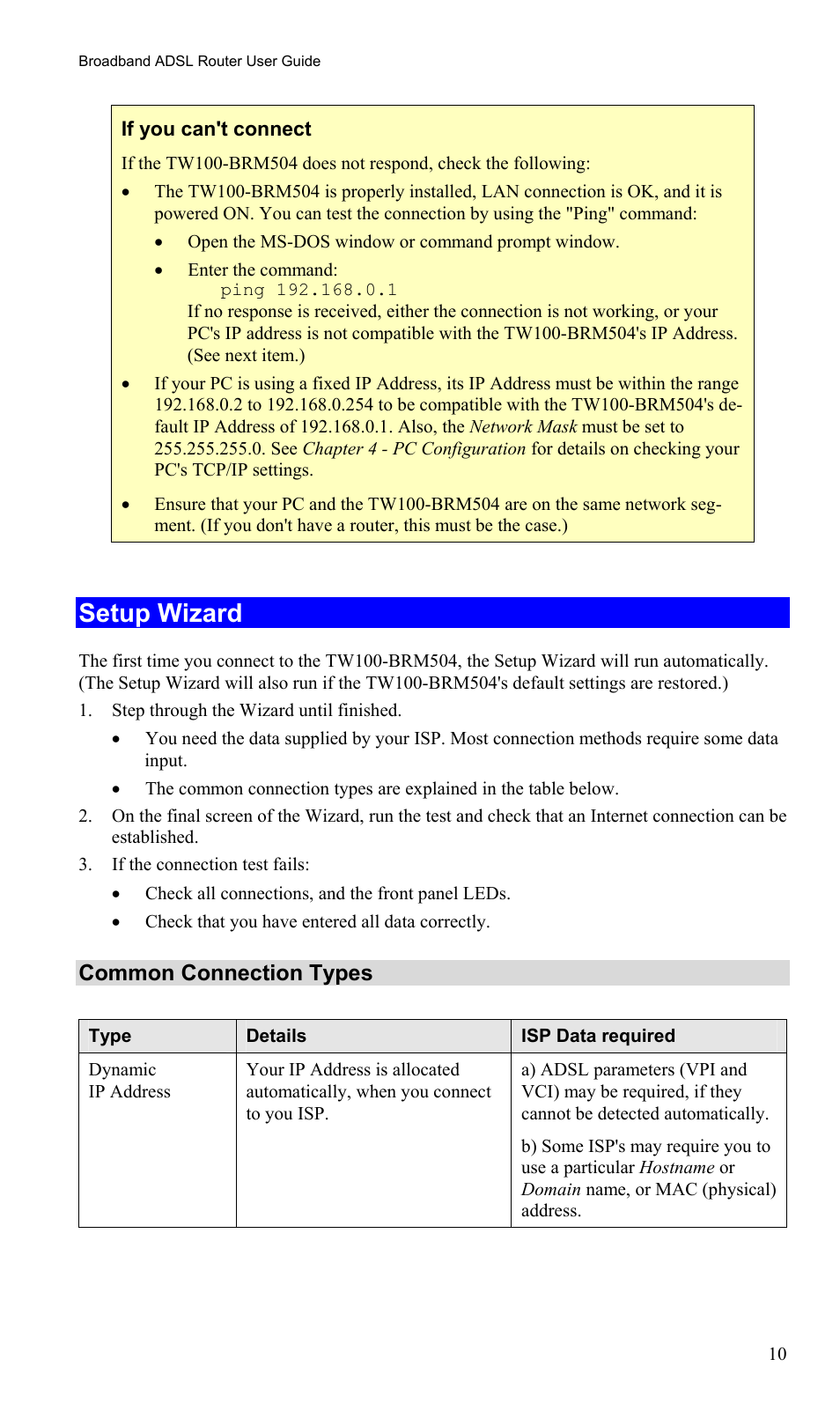 Setup wizard, Common connection types | TRENDnet TW100-BRM504 User Manual | Page 13 / 73