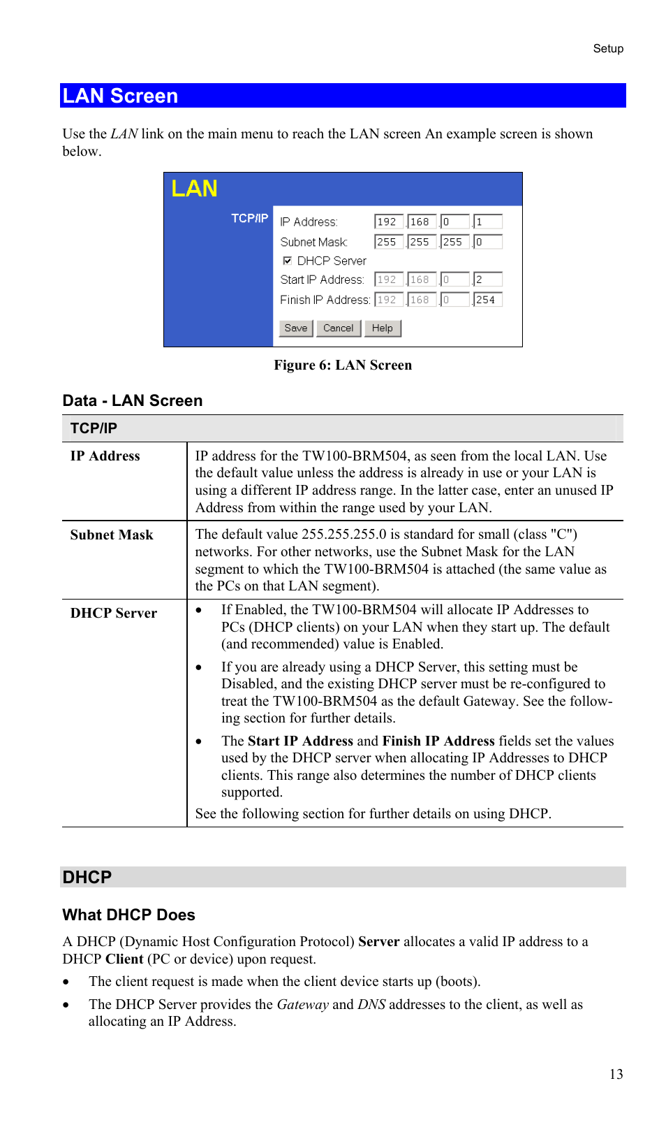 Lan screen, Dhcp | TRENDnet TW100-BRM504 User Manual | Page 16 / 73