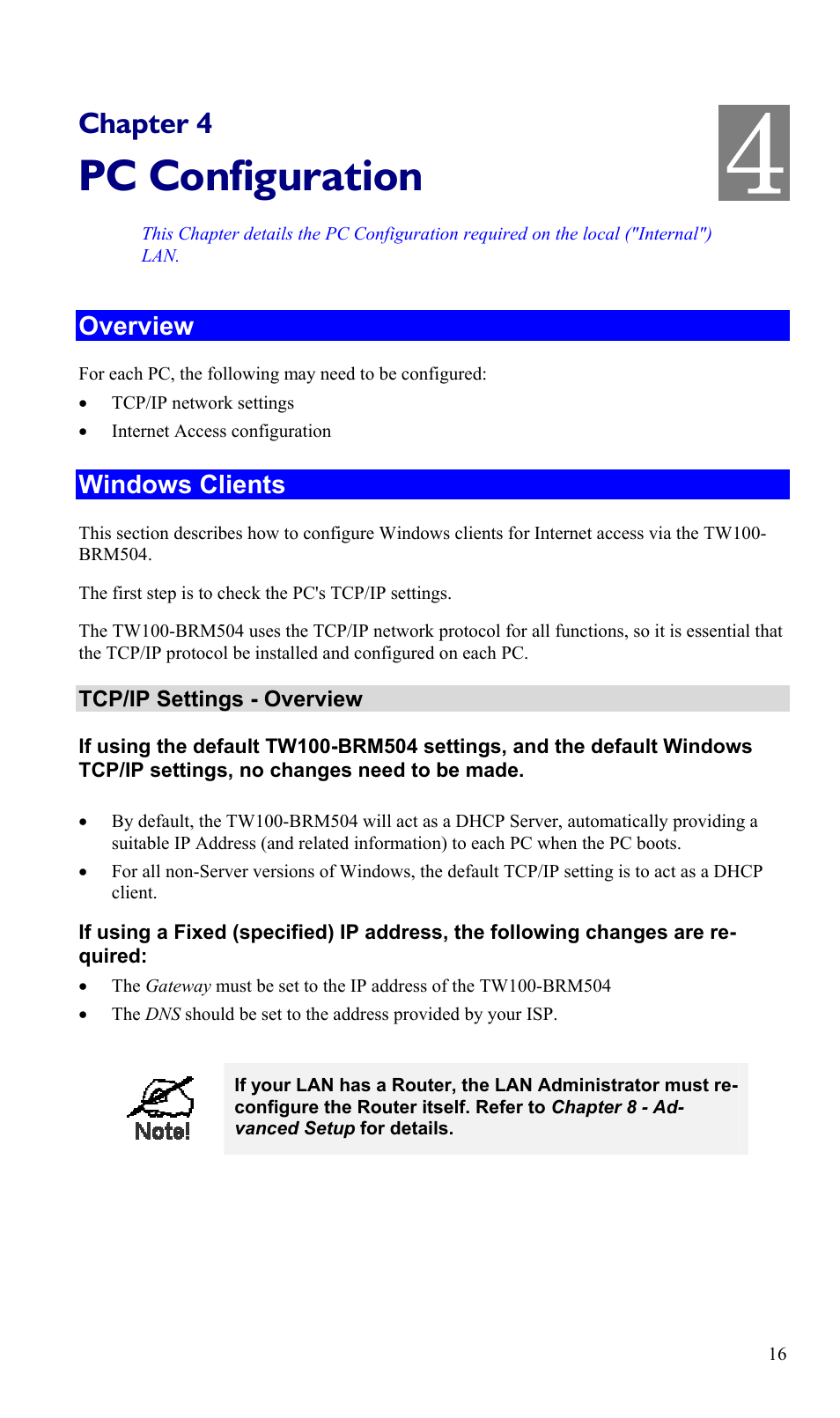 Chapter 4 pc configuration, Overview, Windows clients | Pc configuration, Chapter 4 | TRENDnet TW100-BRM504 User Manual | Page 19 / 73