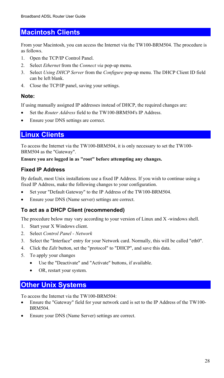 Macintosh clients, Linux clients, Other unix systems | TRENDnet TW100-BRM504 User Manual | Page 31 / 73