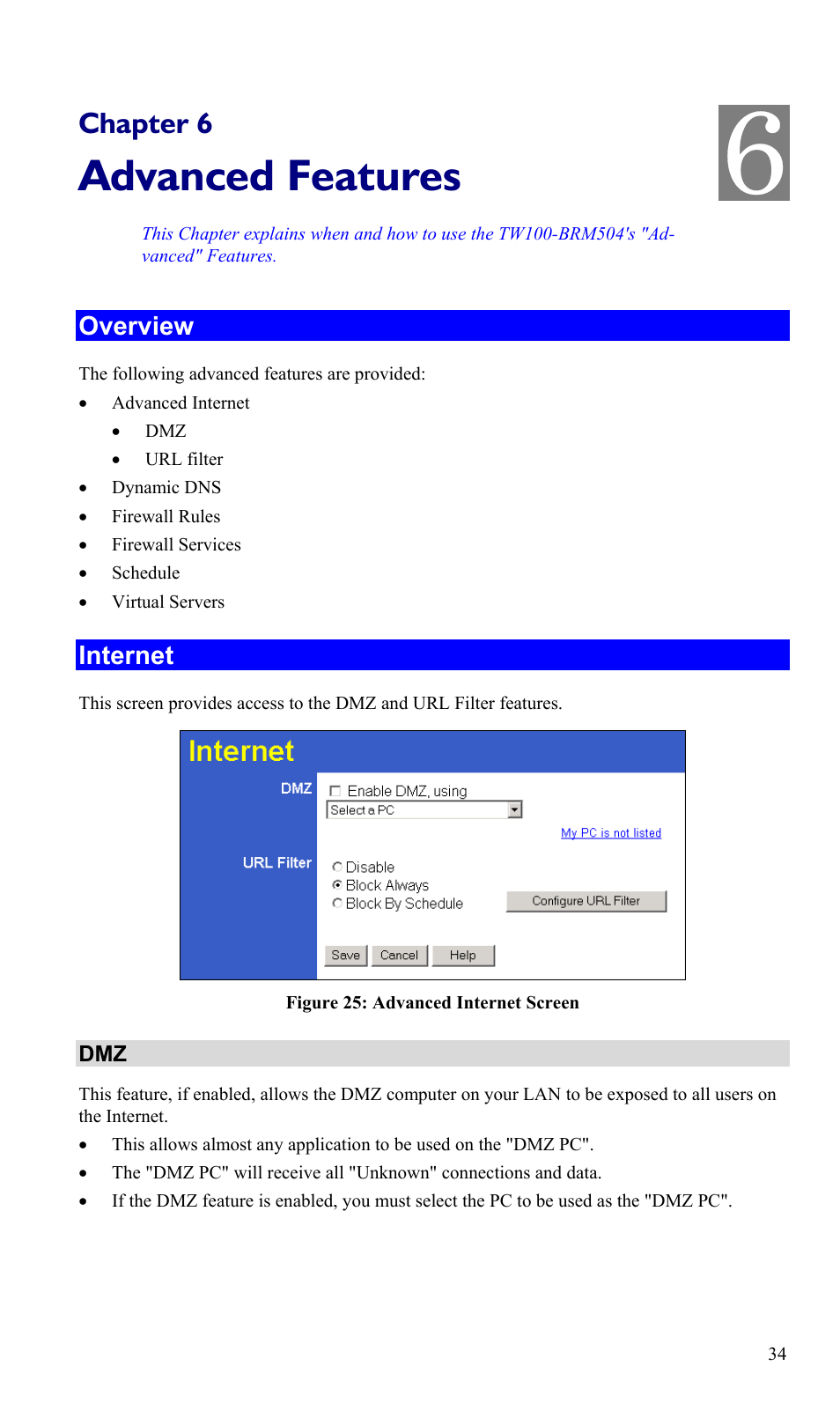 Chapter 6 advanced features, Overview, Internet | Advanced features | TRENDnet TW100-BRM504 User Manual | Page 37 / 73