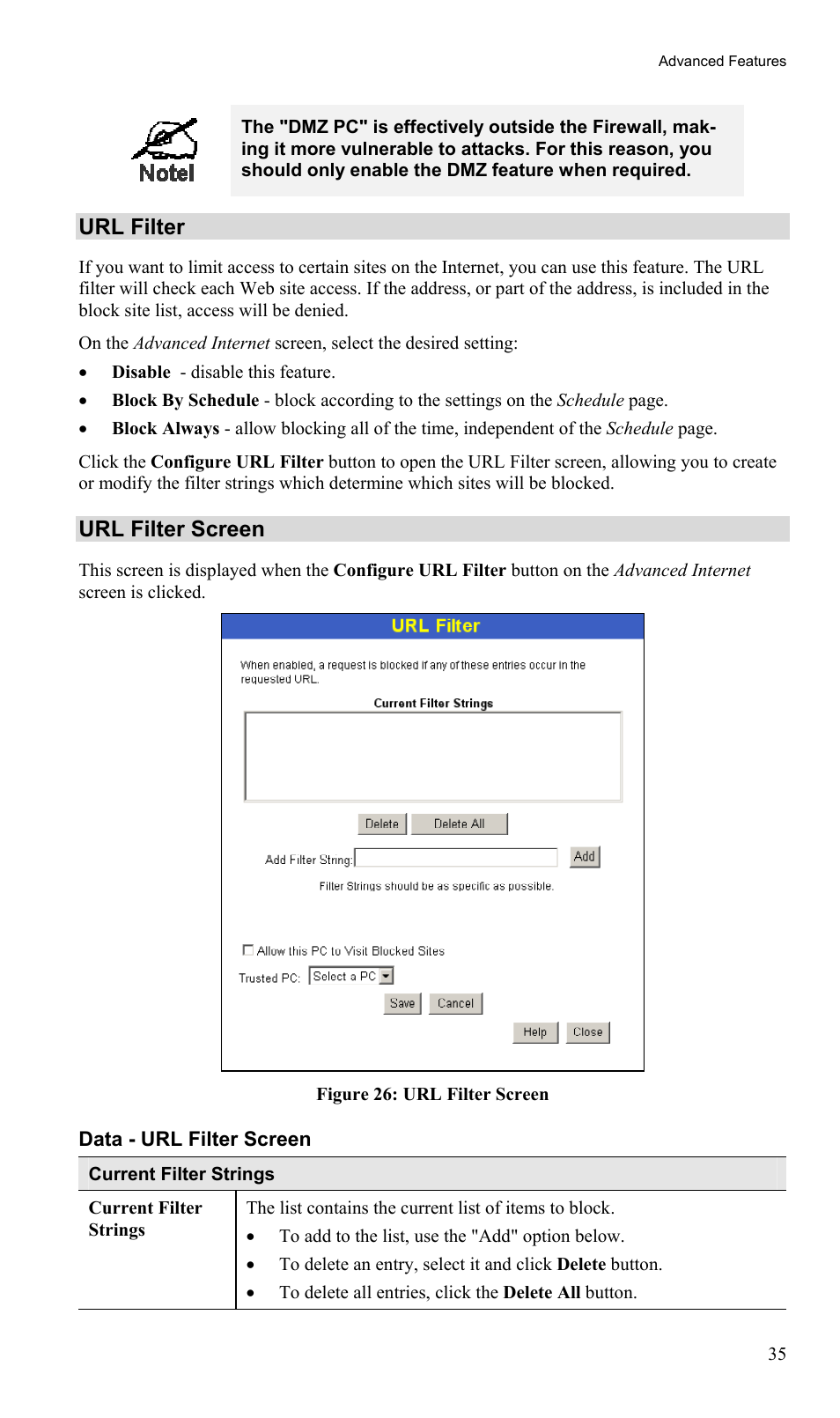 Url filter, Url filter screen | TRENDnet TW100-BRM504 User Manual | Page 38 / 73