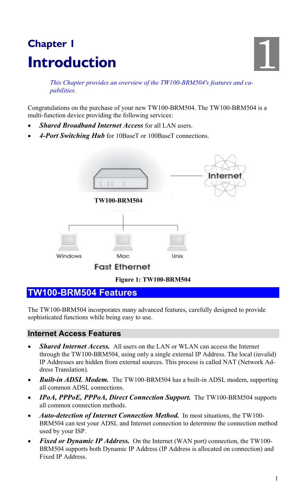 Chapter 1 introduction, Tw100-brm504 features, Introduction | Chapter 1 | TRENDnet TW100-BRM504 User Manual | Page 4 / 73