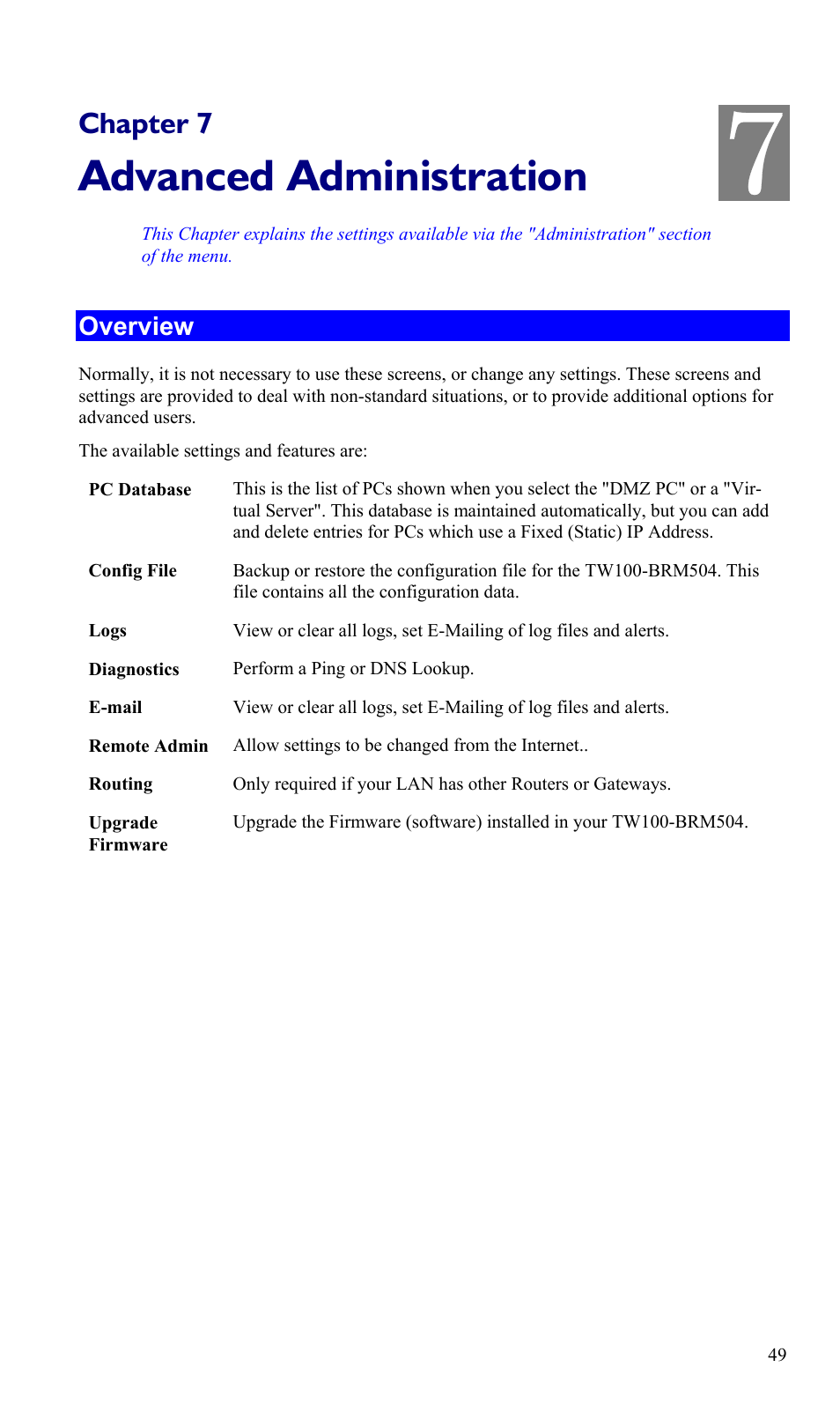 Chapter 7 advanced administration, Overview, Advanced administration | Chapter 7 | TRENDnet TW100-BRM504 User Manual | Page 52 / 73