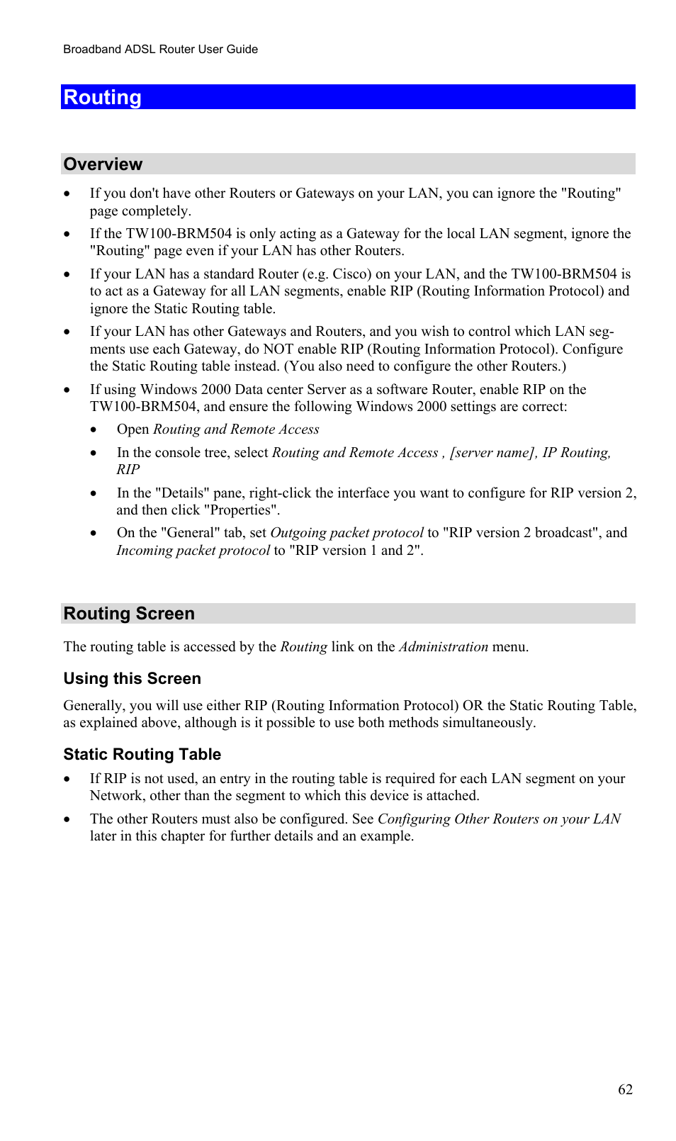 Routing, Overview, Routing screen | TRENDnet TW100-BRM504 User Manual | Page 65 / 73