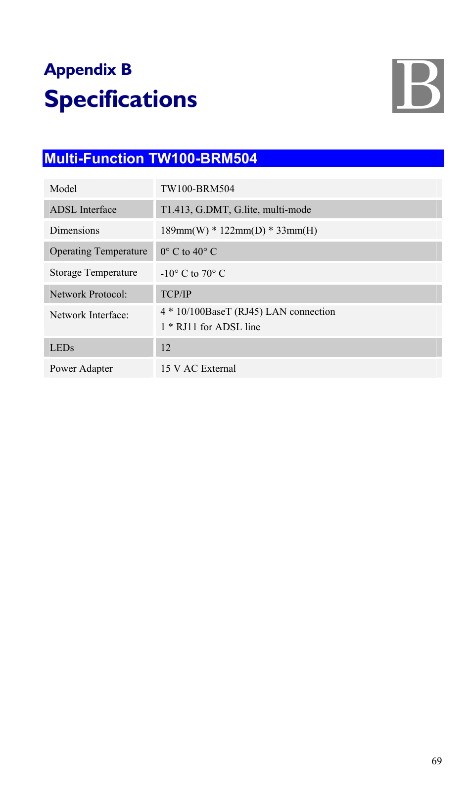 Appendix b specifications, Multi-function tw100-brm504, Specifications | Appendix b | TRENDnet TW100-BRM504 User Manual | Page 72 / 73